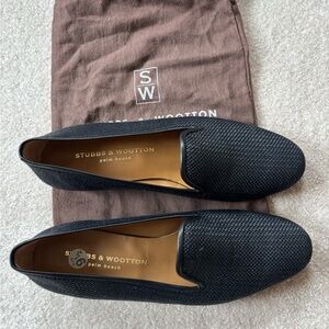 Stubbs & Wootton Black Woven Leather-Trim Slip-Ons
